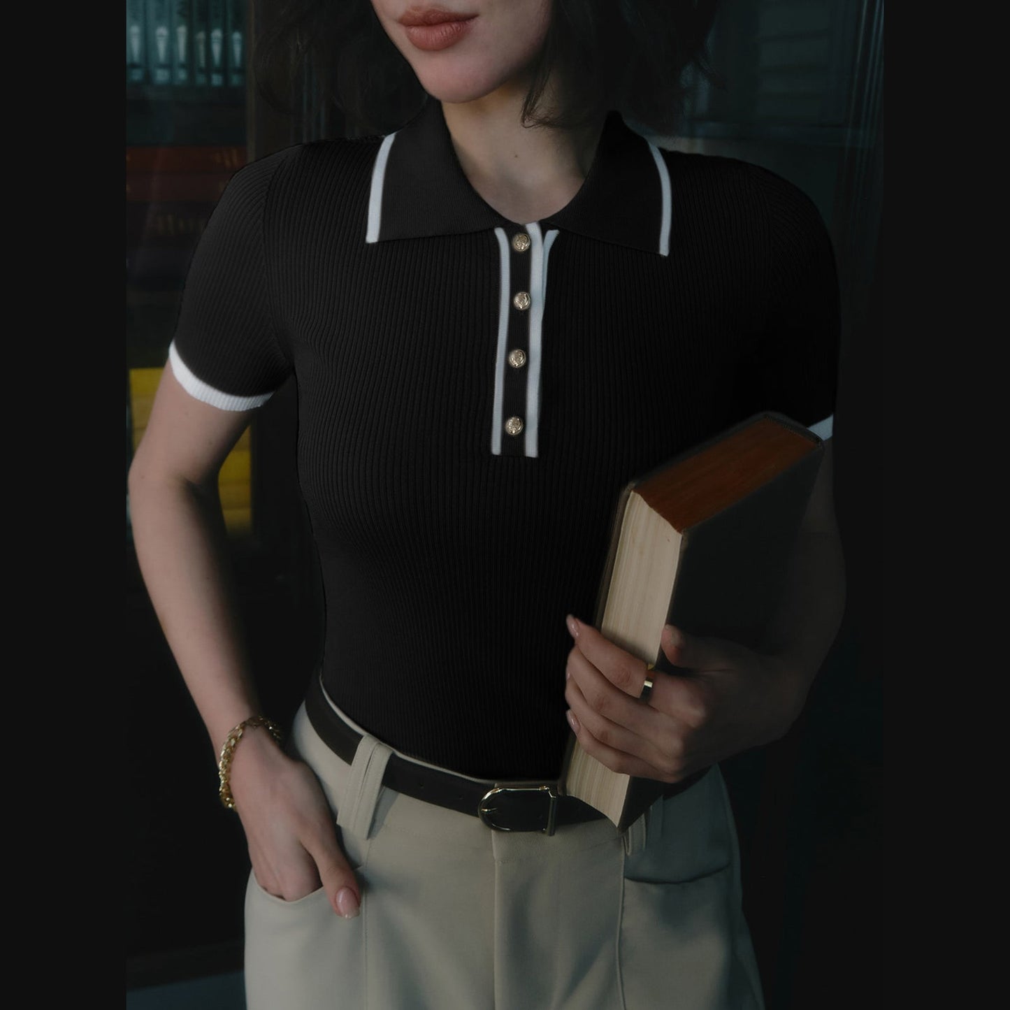 Danica | Haut polo côtelé classique avec détail de boutons pour femmes