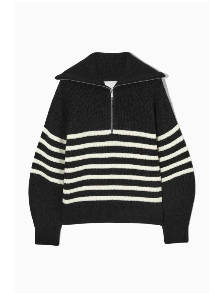 THE KONF™ | Pull tricoté féminin avec fermeture éclair FEMININO Essentielle S Noir/Blanc